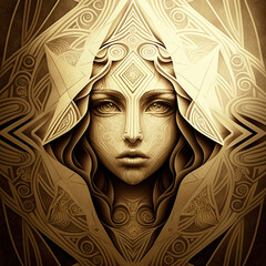 Carved goddess illustration, symmetrical, futuristic