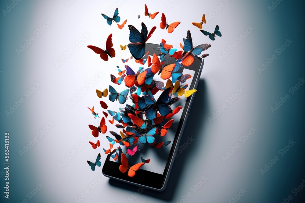 Butterflies flying out of the smartphone laying dow, concept of good ...