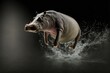 Jumping hippopotamus copy space, concept of elegance of large animals, created with Generative AI technology