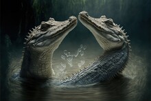 Kissing Crocodiles, Concept Of Love, Valentines Day, Created With Generative AI Technology