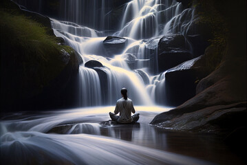 Wall Mural - Man meditating near cascading waterfall by generative AI