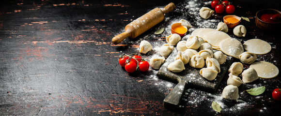 Sticker - Homemade raw dumplings with eggs and flour on the table. 