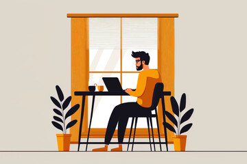 Wall Mural - Man sitting at laptop and drinking coffee. Study or working at home concept.