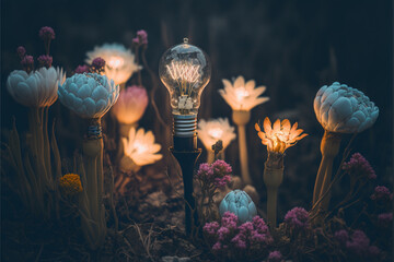 Flowers light bulb in the garden, generative ai