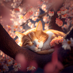 Cute cat sleeping in sakura tree, cherry blossom branch, kitten illustration