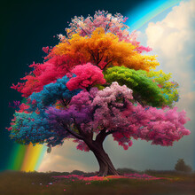 Rainbow Tree, Fantasy Landscape And Tree With Rainbow Colors Illustration