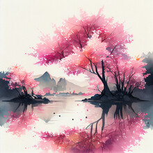 Cherry blossom sakura flowers Japanese watercolor landscape illustration