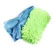 Cloth and car wash mitt on white background, top view
