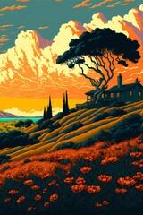 Pop Art Deco, Rolling Hills, Coastal Village, Craggy Shoreline, Cypress Tree, California Poppies, Clouds, Sunset