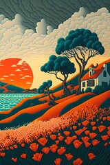 Wall Mural - Pop Art Deco, Rolling Hills, Coastal Village, Craggy Shoreline, Cypress Tree, California Poppies, Clouds, Sunset