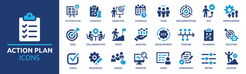 action plan icon set. containing planning, schedule, strategy, analysis, tasks, goal, collaboration 