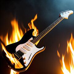 Isolated electric guitar burning with fiery orange flames in an inferno with custom musical instrument design against a black background with damage and destruction produced by Generative AI