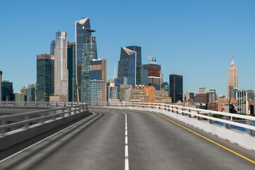 Empty urban asphalt road exterior with city buildings background. New modern highway concrete construction. Concept of way to success. Transportation logistic industry fast delivery. New York. USA.