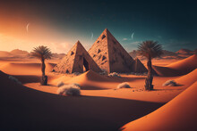 A Painting Of Three Pyramids In The Desert, Generative AI