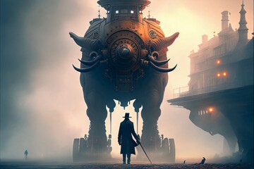 man with a sword standing in front of giant steampunk-like creature prepare to fight