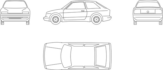 vector sketch of a classic super car design illustration looking at various sides