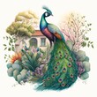 Colorful illustrated peacock in garden (generative AI)