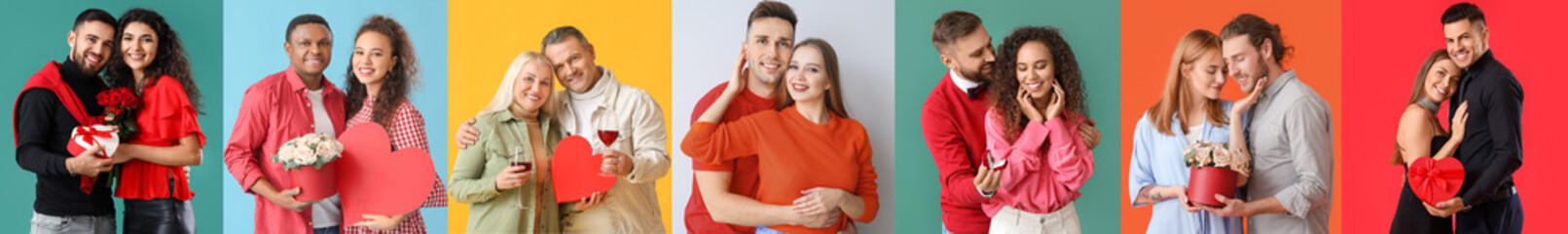 Sticker - Set of happy couples on color background. Valentine's Day celebration