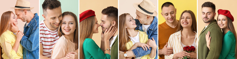 Poster - Collage with happy couples on color background. Valentine's Day celebration