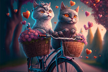 A Pair Of Cats Riding A Bicycle On Valentine's Day With Generative AI