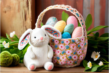 Easter Bliss: Adorable White Bunny Hopping Amongst Hand-Painted Easter Eggs In A Lush Green Meadow - AI Generated