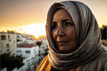 Sticker - Serious Old Arab muslim woman wearing a hijab posing in a northern african city. Generative ai