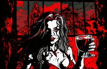 Dracula's Bride Ready To Dance While Holding A Glass Of Fresh Blood.