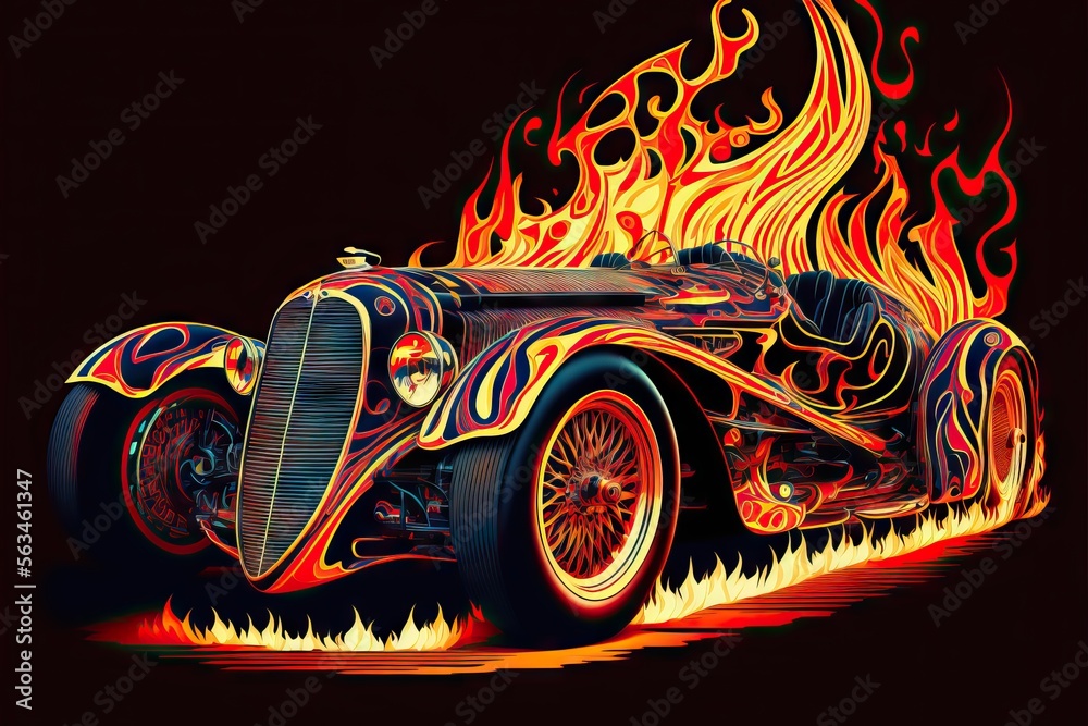 Illustration of classic sport race car on fire, with full color design ...