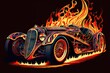 Illustration of classic sport race car on fire, with full color design, huge muscle motor, reflecting high horsepower and full speed in a dynamic and energetic picture. Generative AI