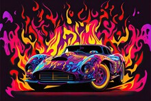Illustration Of Classic Sport Race Car On Fire, With Full Color Design, Huge Muscle Motor, Reflecting High Horsepower And Full Speed In A Dynamic And Energetic Picture. Generative AI