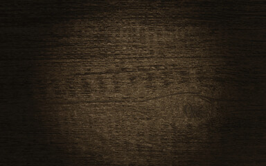 Wall Mural - 3D render of dark brown wooden plank texture with spot light on center, top view, copy space