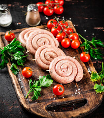 Poster - Round raw sausages with tomatoes and parsley. 