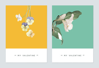 Wall Mural - Minimalist botanical valentine greeting card template design, amaryllis and pansy flowers
