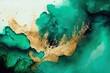 Fluid Art. Liquid jade green ink and gold metallic abstract drips and wave. Generative AI illustration