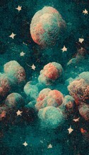 Celestial Themed Coral And Teal Print Pattern Wallpaper Dark Academia Astrological Moon Stars Sun Galaxy Space Nebula Vintage Aesthetic Risograph Texture Hyperdetailed Grain Texture 