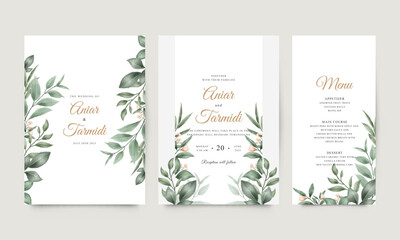 Elegant wedding invitation with watercolor green leaves and flowers