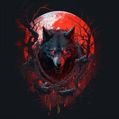 Naklejka na meble Realistic Illustration of Death from Puss in Boots - The last wish . Cool illustration of a blood thirsty wolf besides the moon - Concept art of a werewolf head with red moon and blood 