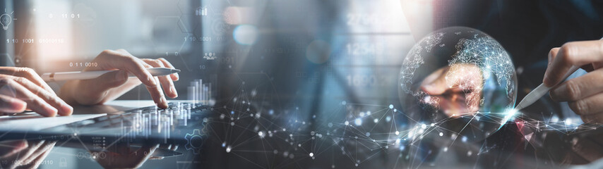 Global business network, digital technology, data exchange concept. Business Intelligence and cloud computing, digital marketing, data processing and blockchain technology managemen