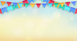 Fototapeta Kuchnia - Colorful pastel Party Flags With bokeh On color gradient Background. Celebration Event Birthday. Multicolored. Vector. Celebrate banner. Party flags with confetti. Vector illustration