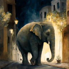 Peinture aquarelle d'un éléphant marchant dans une rue - fantaisiste
