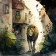 Peinture aquarelle d'un lion marchant dans une rue, illustration de livre d'histoires, fantaisiste