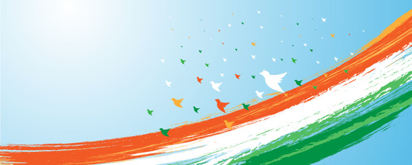 India Happy Independence Day celebration card with Indian national flag brush stroke background design. Vector illustration. Indian Independence Day concept background with doves tri color flying.