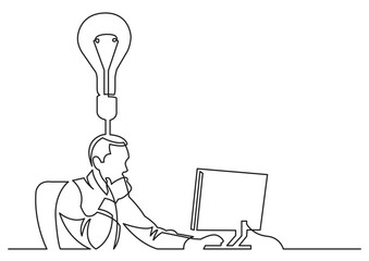 Poster - continuous line drawing vector illustration with FULLY EDITABLE STROKE of businessman working behind computer on idea