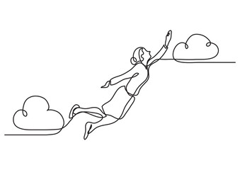 Poster - continuous line drawing vector illustration with fully editable stroke of happy business woman flyin
