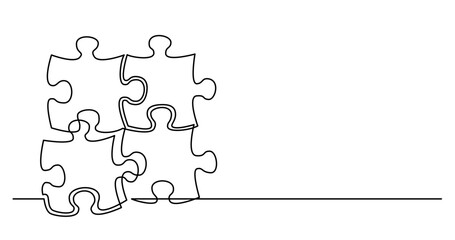 Poster - continuous line drawing vector illustration with fully editable stroke of of four puzzle pieces conn