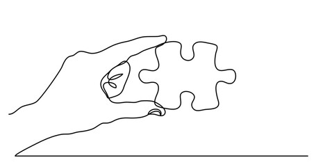 Poster - continuous line drawing vector illustration with fully editable stroke of of hand holding puzzle as 