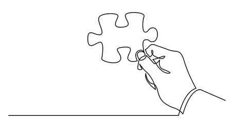Poster - continuous line drawing vector illustration with FULLY EDITABLE STROKE of of hand holding puzzle piece as a solution