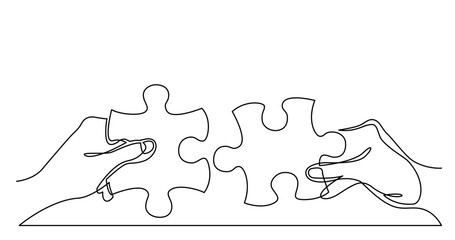 Poster - continuous line drawing vector illustration with FULLY EDITABLE STROKE of of two hands with puzzle pieces connecting together