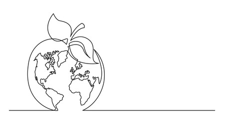 Wall Mural - continuous line drawing vector illustration with FULLY EDITABLE STROKE of of world planet earth an apple fruit