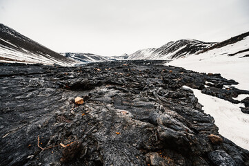 Iceland Volcanic eruption 2021. The volcano Fagradalsfjall is located in the valley Geldingadalir close to Grindavik. Volcanic mountain surface